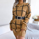 Classic Long Sleeve Plaid Print Pullover Sweater Mini Dress